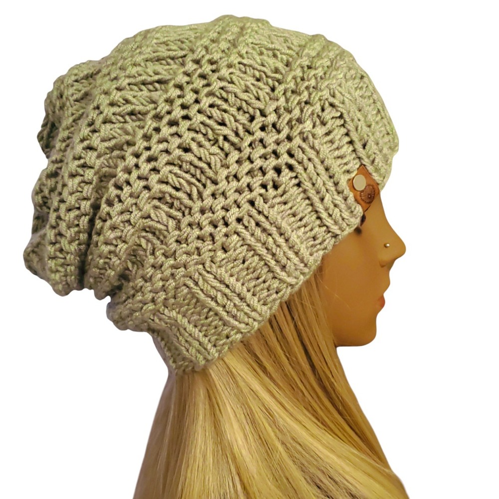 Handmade‎ Tea Green Slouchy Knit Beanie — Soft Cozy Stylish Winter Hat